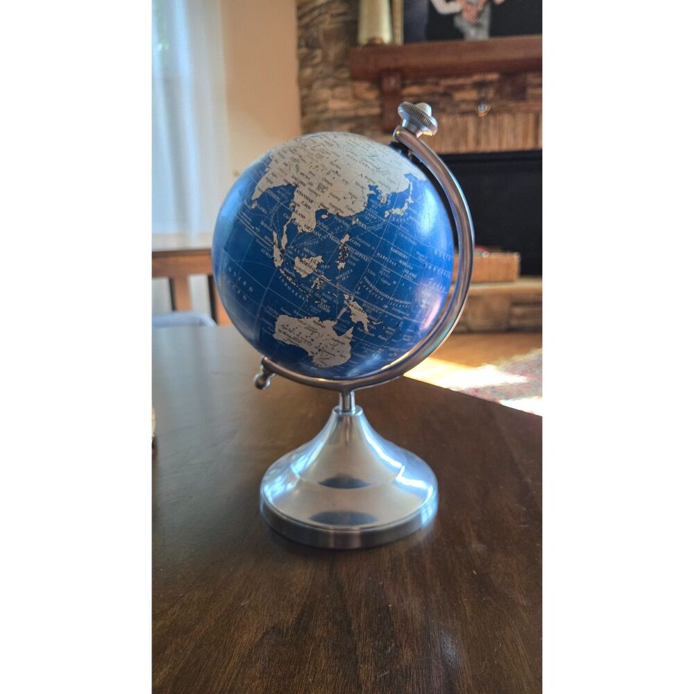 Blue & Silver World Globe on Metal Stand – Decorative Desk Globe 11–12”
